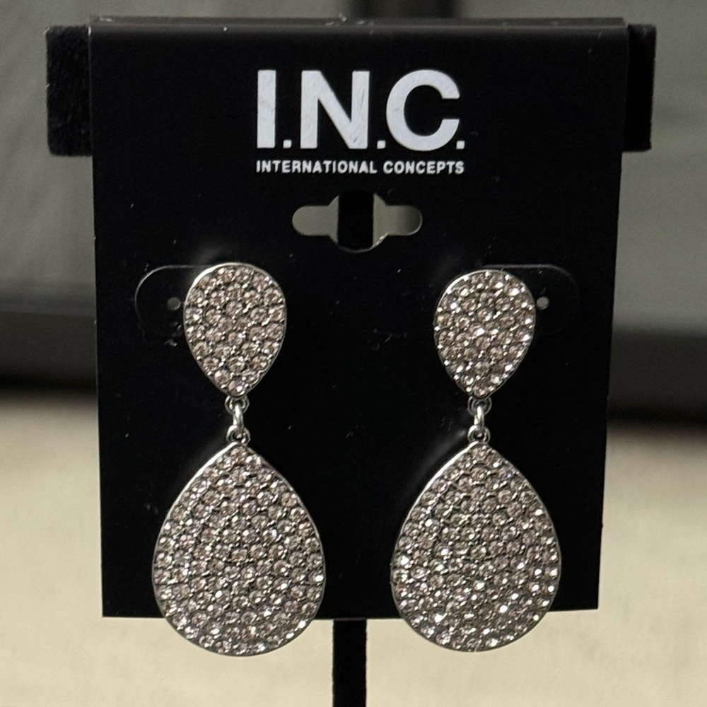 INC International Concepts Silver Tone Pave Double Drop Earrings